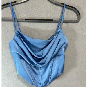 SALTY Light Blue Satin Top Women‎ Size M Cowl Neck Corset Crop Top Bustier Party